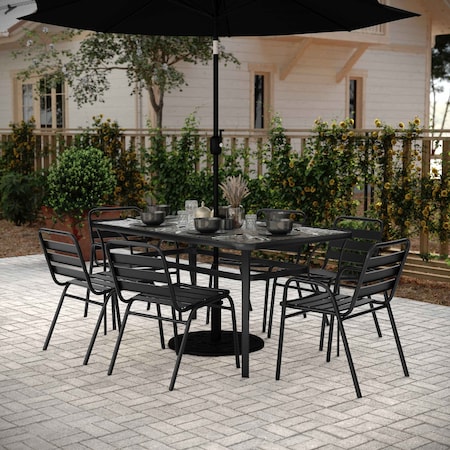 Flash Furniture Lila 7-pc Patio Dining St w/60in. Glss Patio Tbl, 4 Blk Trpl Slat Chairs and 2 Blk Trpl Slat Chairs TLH-94B-01815CBK-GG